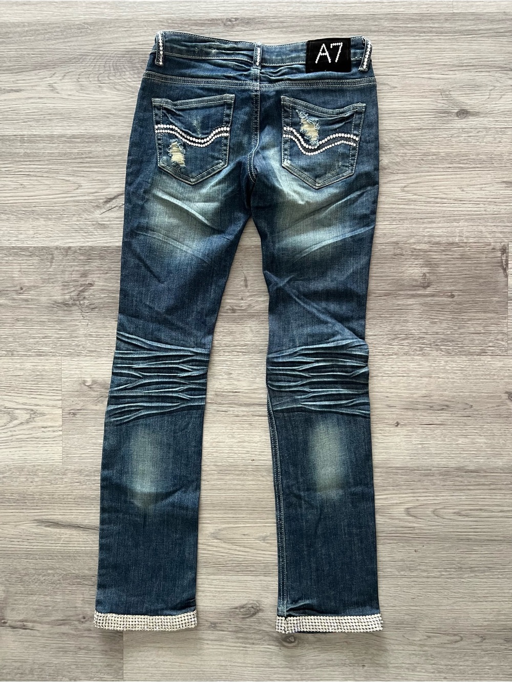 A7 Swarovski Crystal Distressed Jeans Size 1 | Rhinestone Hem | Low Rise